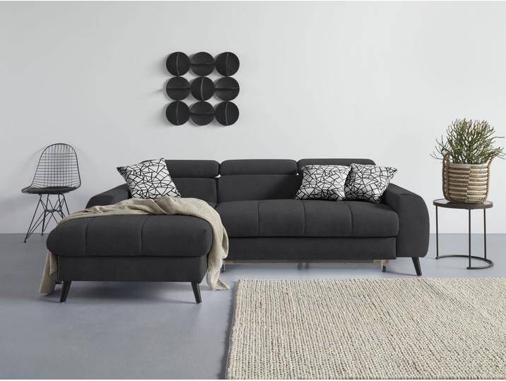 Ecksofa COTTA Mia L-Form mit 3 Zierkissen , schwarz, B:236cm H:74cm T:164cm, 100% Polyester, Sofas, wahlweise mit Bettfunktion, Bettkasten, Beleuchtung & Wireless-Charger von Cotta