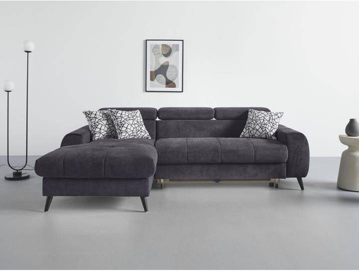 Ecksofa COTTA Mia L-Form mit 3 Zierkissen , schwarz, B:236cm H:74cm T:164cm, 90% Polyester 10% Polyamid, Sofas, wahlweise mit Bettfunktion, Bettkasten, Beleuchtung & Wireless-Charger von Cotta