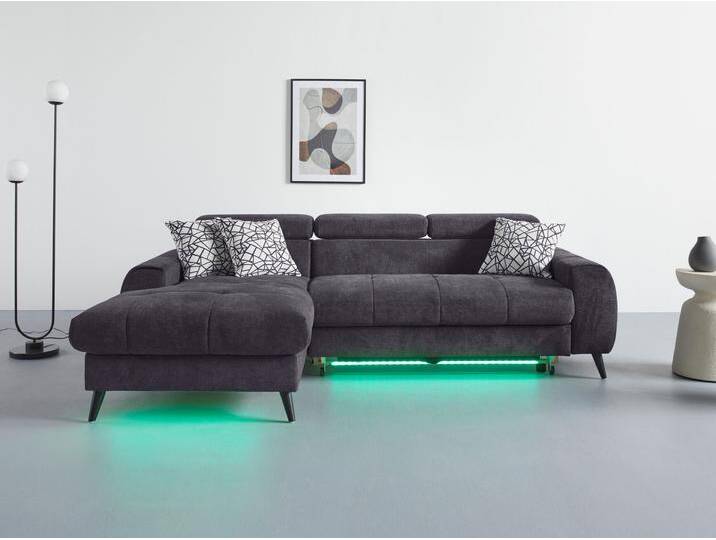 Ecksofa COTTA Mia L-Form mit 3 Zierkissen , schwarz, B:236cm H:74cm T:164cm, 90% Polyester 10% Polyamid, Sofas, wahlweise mit Bettfunktion, Bettkasten, Beleuchtung & Wireless-Charger von Cotta