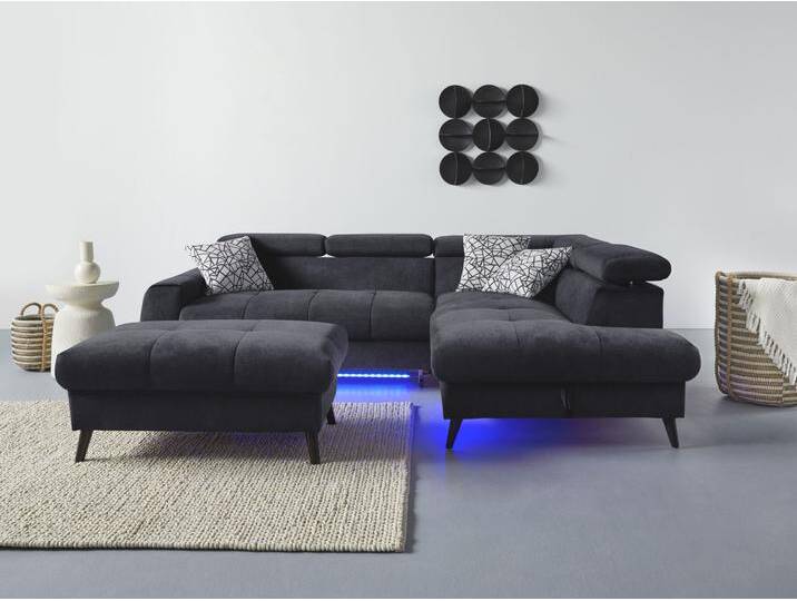 Ecksofa COTTA Mia L-Form mit 3 Zierkissen , schwarz, B:244cm H:74cm T:193cm, 90% Polyester 10% Polyamid, Sofas, wahlweise mit Bettfunktion, Bettkasten, Beleuchtung & Wireless-Charger von Cotta