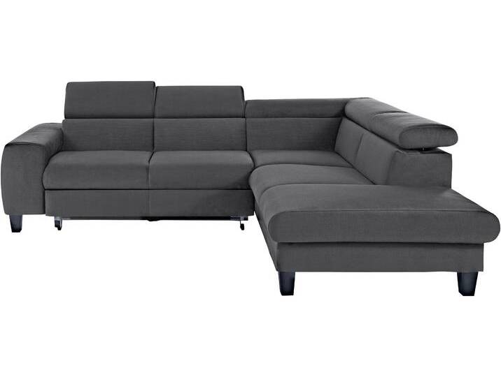 Ecksofa COTTA Morven L-Form mit Kopfteilverstellung , grau (schwarzgrau), B:249cm H:75cm T:207cm, Microfaser PRIMABELLE (100% Polyester), Flachgewebe (100% Polyester), Samtvelours (100% Polyester), Sofas, wahlweise mit Bettfunktion, Bettkasten & Wireless-Charger von Cotta