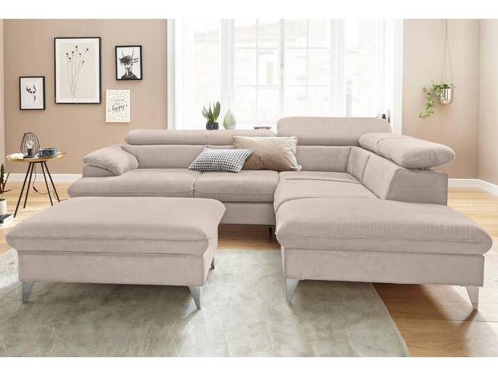 Polstergarnitur COTTA Caluso L-Form , beige, B:254cm, NaturLEDER (echtes Rindsleder) in Sitz und Rücken. Korpus in passendem Kunstleder SOFTLUX bezogen, Microfaser PRIMABELLE (100% Polyester), Kunstleder SOFTLUX, Sitzmöbel-Sets, Set bestehend aus: Ecksofa mit Kopfteilverstellung & Hocker von Cotta