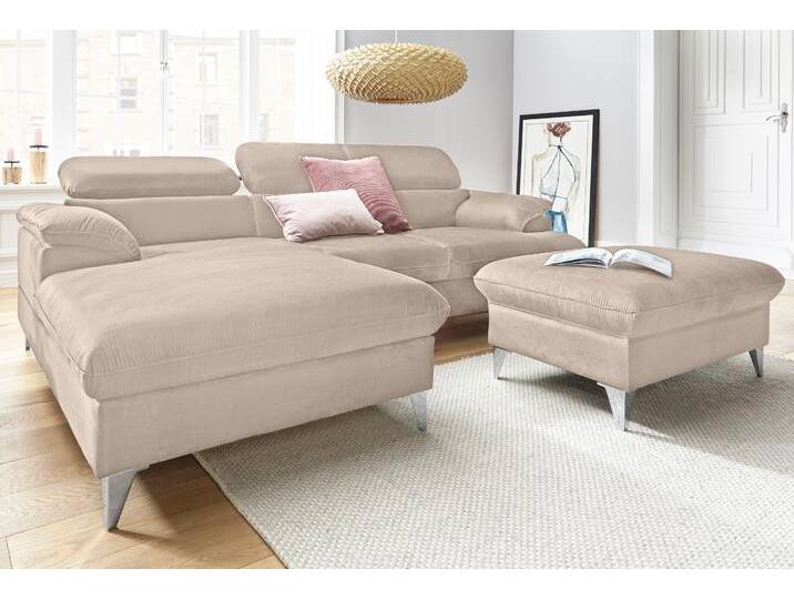 Polstergarnitur COTTA Caluso L-Form , beige, B:254cm, NaturLEDER (echtes Rindsleder) in Sitz und Rücken. Korpus in passendem Kunstleder SOFTLUX bezogen, Microfaser PRIMABELLE (100% Polyester), Kunstleder SOFTLUX, Sitzmöbel-Sets, Set bestehend aus: Ecksofa mit Kopfteilverstellung & Hocker von Cotta