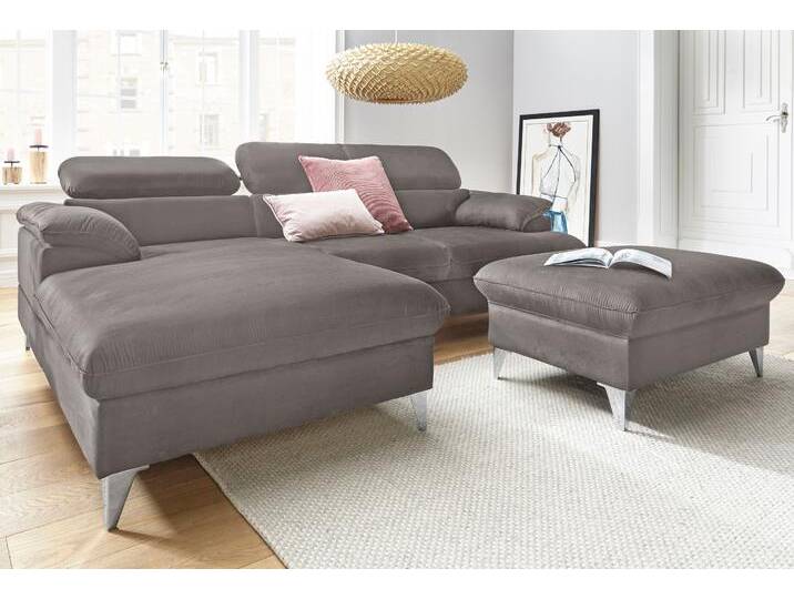 Polstergarnitur COTTA Caluso L-Form , grau, B:254cm, NaturLEDER (echtes Rindsleder) in Sitz und Rücken. Korpus in passendem Kunstleder SOFTLUX bezogen, Microfaser PRIMABELLE (100% Polyester), Kunstleder SOFTLUX, Sitzmöbel-Sets, Set bestehend aus: Ecksofa mit Kopfteilverstellung & Hocker von Cotta