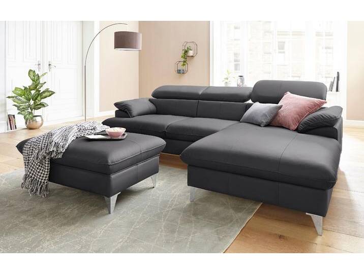 Polstergarnitur COTTA Caluso L-Form , grau (fango), B:254cm, NaturLEDER (echtes Rindsleder) in Sitz und Rücken. Korpus in passendem Kunstleder SOFTLUX bezogen, Microfaser PRIMABELLE (100% Polyester), Kunstleder SOFTLUX, Sitzmöbel-Sets, Set bestehend aus: Ecksofa mit Kopfteilverstellung & Hocker von Cotta