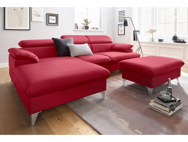 Polstergarnitur COTTA Caluso L-Form , rot (rot,), B:254, NaturLEDER (echtes Rindsleder) in Sitz und Rücken. Korpus in passendem Kunstleder SOFTLUX bezogen, Microfaser PRIMABELLE (100% Polyester), Kunstleder SOFTLUX, Sitzmöbel-Sets, Set bestehend aus: Ecksofa mit Kopfteilverstellung & Hocker von Cotta