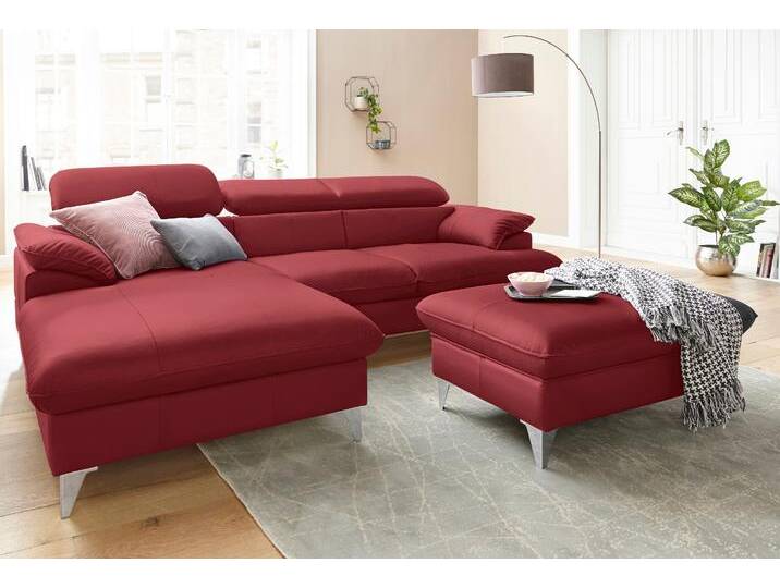 Polstergarnitur COTTA Caluso L-Form , rot (rot,), B:254cm, NaturLEDER (echtes Rindsleder) in Sitz und Rücken. Korpus in passendem Kunstleder SOFTLUX bezogen;Microfaser PRIMABELLE (100% Polyester);Kunstleder SOFTLUX, Sitzmöbel-Sets, Set bestehend aus: Ecksofa mit Kopfteilverstellung & Hocker von Cotta