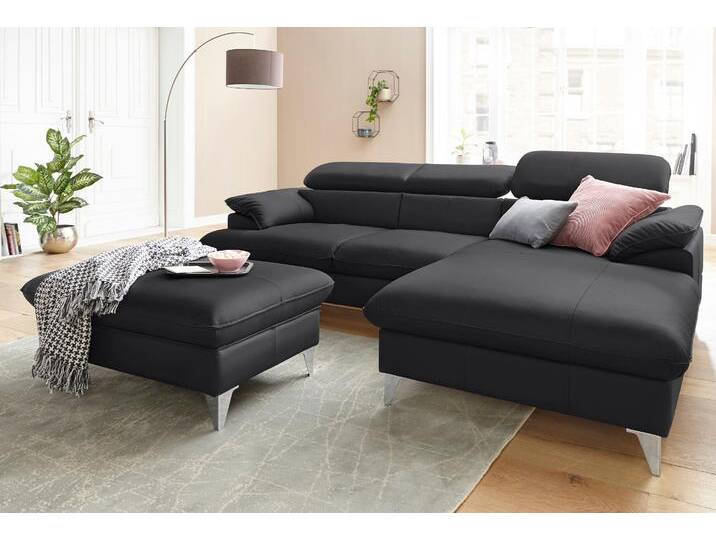 Polstergarnitur COTTA Caluso L-Form , schwarz, B:254cm, NaturLEDER (echtes Rindsleder) in Sitz und Rücken. Korpus in passendem Kunstleder SOFTLUX bezogen, Microfaser PRIMABELLE (100% Polyester), Kunstleder SOFTLUX, Sitzmöbel-Sets, Set bestehend aus: Ecksofa mit Kopfteilverstellung & Hocker von Cotta