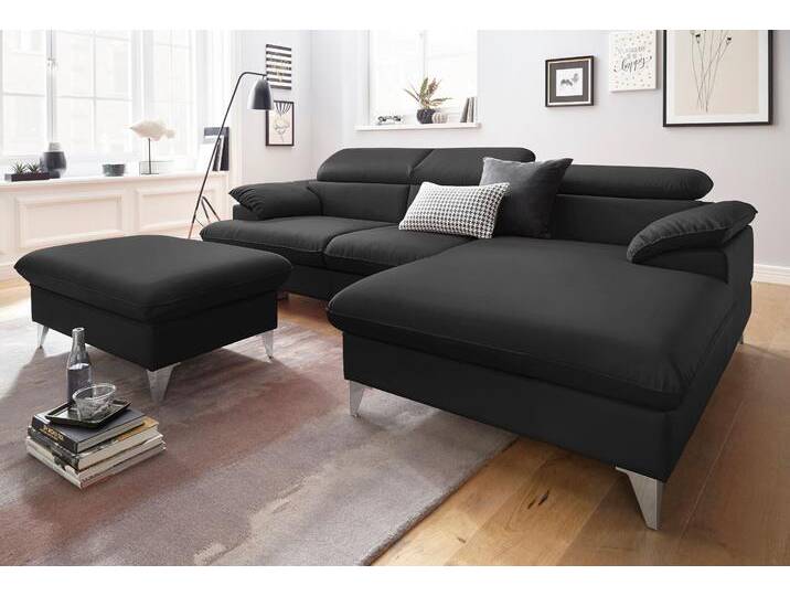 Polstergarnitur COTTA Caluso L-Form , schwarz, B:254cm, NaturLEDER (echtes Rindsleder) in Sitz und Rücken. Korpus in passendem Kunstleder SOFTLUX bezogen, Microfaser PRIMABELLE (100% Polyester), Kunstleder SOFTLUX, Sitzmöbel-Sets, Set bestehend aus: Ecksofa mit Kopfteilverstellung & Hocker von Cotta