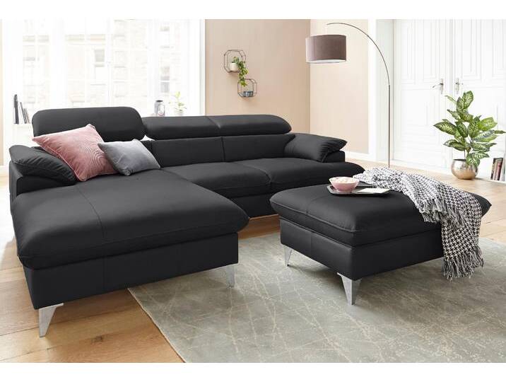 Polstergarnitur COTTA Caluso L-Form , schwarz (schwarz,), B:254cm, NaturLEDER (echtes Rindsleder) in Sitz und Rücken. Korpus in passendem Kunstleder SOFTLUX bezogen;Microfaser PRIMABELLE (100% Polyester);Kunstleder SOFTLUX, Sitzmöbel-Sets, Set bestehend aus: Ecksofa mit Kopfteilverstellung & Hocker von Cotta