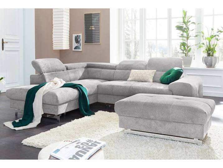 Polstergarnitur COTTA Chef L-Form , grau, B:262cm, Chenille (90% Polyester, 10% Polyamid), Struktur (100% Polyester), Sitzmöbel-Sets, Set bestehend aus: Ecksofa mit Kopfteilverstellung & Hocker von Cotta