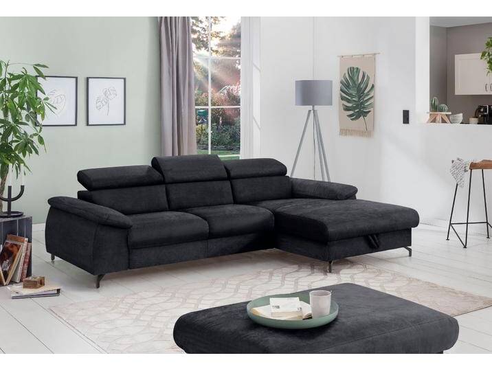 Polstergarnitur COTTA Komaris L-Form , grau (lava), B:242cm, Sitzmöbel-Sets, Set bestehend aus: Ecksofa mit Kopfteilverstellung & Hocker von Cotta