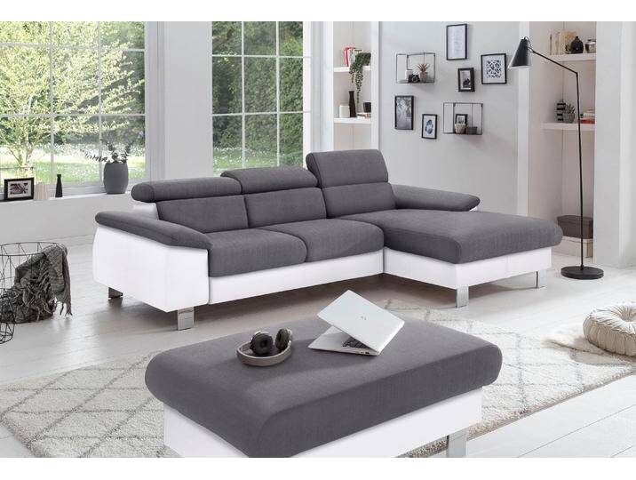 Polstergarnitur COTTA Komaris L-Form , weiß (weiß, stone), B:242cm, Sitzmöbel-Sets, Set bestehend aus: Ecksofa mit Kopfteilverstellung & Hocker von Cotta