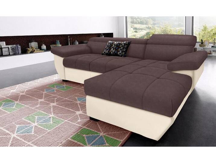 Polstergarnitur COTTA Speedway L-Form , braun (creme, braun), Kunstleder SOFTLUX-Luxus-Microfaser,mit Bettfunktion-mit Bettkasten-mit Kopfteilverstellung + Recamiere rechts, Sitzmöbel-Sets, Set bestehend aus: Ecksofa mit Kopfteilverstellung & Hocker von Cotta