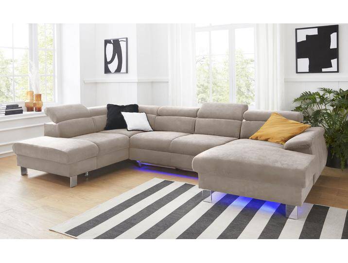 Wohnlandschaft COTTA Komaris U-Form mit Kopfteilverstellung , beige, B:320cm, Microfaser PRIMABELLE (100% Polyester), Kunstleder SOFTLUX, Feinstruktur (100% Polyester), Kunstleder SOFTLUX/Struktur (100% Polyester), NaturLEDER, Sofas, wahlweise mit Bettfunktion, Bettkasten & Beleuchtung von Cotta