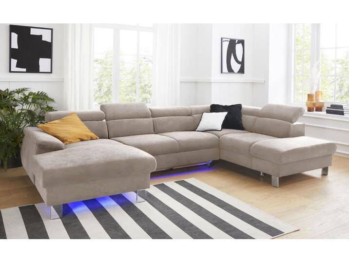 Wohnlandschaft COTTA Komaris U-Form mit Kopfteilverstellung , beige, B:320cm, Microfaser PRIMABELLE (100% Polyester), Kunstleder SOFTLUX, Feinstruktur (100% Polyester), Kunstleder SOFTLUX/Struktur (100% Polyester), NaturLEDER, Sofas, wahlweise mit Bettfunktion, Bettkasten & Beleuchtung von Cotta