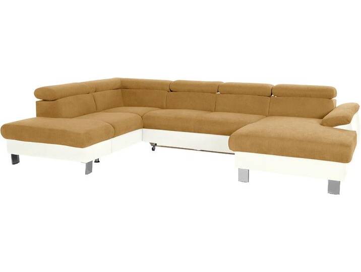 Wohnlandschaft COTTA Komaris U-Form mit Kopfteilverstellung , beige (creme, mustard), B:320cm, Microfaser PRIMABELLE (100% Polyester), Kunstleder SOFTLUX, Feinstruktur (100% Polyester), Kunstleder SOFTLUX/Struktur (100% Polyester), NaturLEDER, Sofas, wahlweise mit Bettfunktion, Bettkasten & Beleuchtung von Cotta