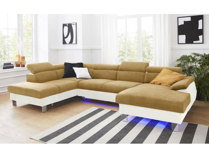 Wohnlandschaft COTTA Komaris U-Form, B: 320 cm , beige (creme, mustard), B:320cm, Microfaser PRIMABELLE (100% Polyester);Kunstleder SOFTLUX;Feinstruktur (100% Polyester);Kunstleder SOFTLUX/Struktur (100% Polyester);NaturLEDER, Sofas, mit Kopfteilverstellung, optional Bettfunktion, Bettkasten & Licht von Cotta