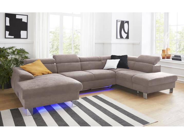 Wohnlandschaft COTTA Komaris U-Form mit Kopfteilverstellung , braun (mud), B:320cm, Microfaser PRIMABELLE (100% Polyester), Kunstleder SOFTLUX, Feinstruktur (100% Polyester), Kunstleder SOFTLUX/Struktur (100% Polyester), NaturLEDER, Sofas, wahlweise mit Bettfunktion, Bettkasten & Beleuchtung von Cotta