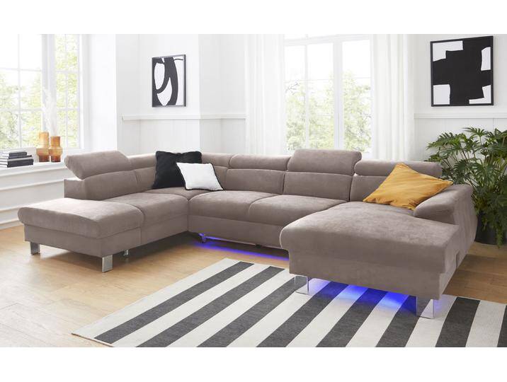 Wohnlandschaft COTTA Komaris U-Form mit Kopfteilverstellung , braun (mud), B:320cm, Microfaser PRIMABELLE (100% Polyester), Kunstleder SOFTLUX, Feinstruktur (100% Polyester), Kunstleder SOFTLUX/Struktur (100% Polyester), NaturLEDER, Sofas, wahlweise mit Bettfunktion, Bettkasten & Beleuchtung von Cotta
