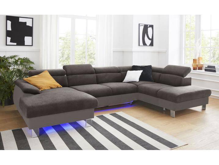 Wohnlandschaft COTTA Komaris U-Form mit Kopfteilverstellung , braun (mud, braun), B:320cm, Microfaser PRIMABELLE (100% Polyester), Kunstleder SOFTLUX, Feinstruktur (100% Polyester), Kunstleder SOFTLUX/Struktur (100% Polyester), NaturLEDER, Sofas, wahlweise mit Bettfunktion, Bettkasten & Beleuchtung von Cotta