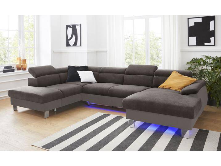 Wohnlandschaft COTTA Komaris U-Form mit Kopfteilverstellung , braun (mud, braun), B:320cm, Microfaser PRIMABELLE (100% Polyester), Kunstleder SOFTLUX, Feinstruktur (100% Polyester), Kunstleder SOFTLUX/Struktur (100% Polyester), NaturLEDER, Sofas, wahlweise mit Bettfunktion, Bettkasten & Beleuchtung von Cotta