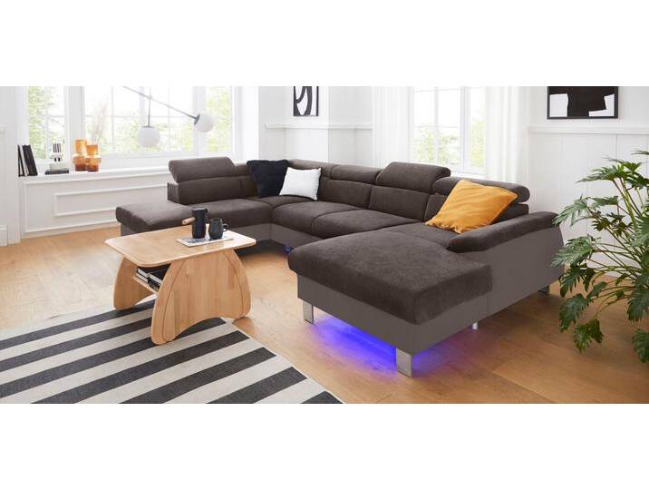 Wohnlandschaft COTTA Komaris U-Form mit Kopfteilverstellung , braun (mud, braun), B:320cm, Microfaser PRIMABELLE (100% Polyester), Kunstleder SOFTLUX, Feinstruktur (100% Polyester), Kunstleder SOFTLUX/Struktur (100% Polyester), NaturLEDER, Sofas, wahlweise mit Bettfunktion, Bettkasten & Beleuchtung von Cotta