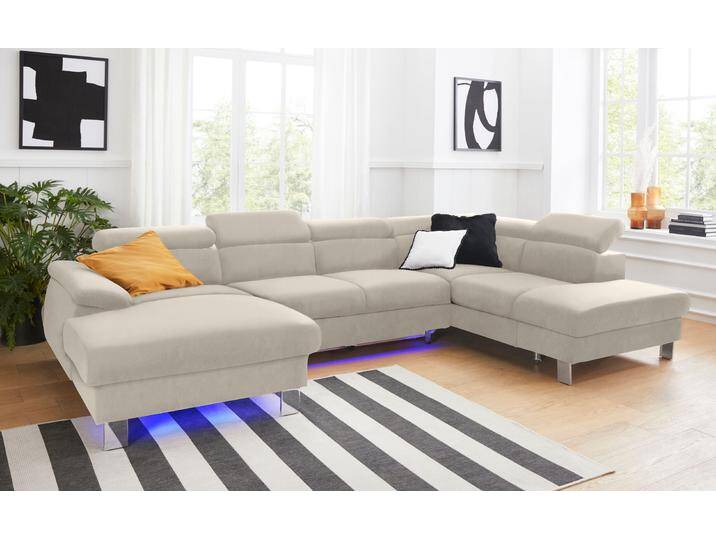 Wohnlandschaft COTTA Komaris U-Form mit Kopfteilverstellung , grau, B:320cm, Microfaser PRIMABELLE (100% Polyester), Kunstleder SOFTLUX, Feinstruktur (100% Polyester), Kunstleder SOFTLUX/Struktur (100% Polyester), NaturLEDER, Sofas, wahlweise mit Bettfunktion, Bettkasten & Beleuchtung von Cotta