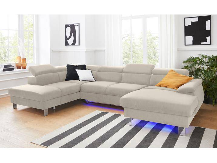 Wohnlandschaft COTTA Komaris U-Form mit Kopfteilverstellung , grau, B:320cm, Microfaser PRIMABELLE (100% Polyester), Kunstleder SOFTLUX, Feinstruktur (100% Polyester), Kunstleder SOFTLUX/Struktur (100% Polyester), NaturLEDER, Sofas, wahlweise mit Bettfunktion, Bettkasten & Beleuchtung von Cotta