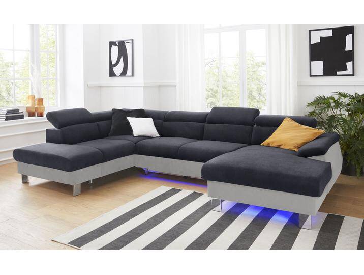Wohnlandschaft COTTA Komaris U-Form mit Kopfteilverstellung , grau (argent, schwarz), B:320cm, Microfaser PRIMABELLE (100% Polyester), Kunstleder SOFTLUX, Feinstruktur (100% Polyester), Kunstleder SOFTLUX/Struktur (100% Polyester), NaturLEDER, Sofas, wahlweise mit Bettfunktion, Bettkasten & Beleuchtung von Cotta