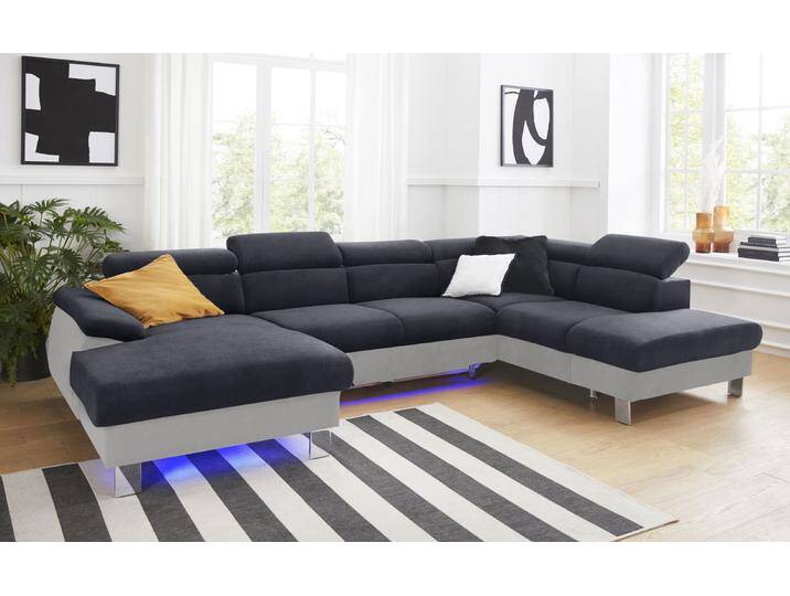 Wohnlandschaft COTTA Komaris U-Form, B: 320 cm , grau (argent, schwarz), B:320cm, Microfaser PRIMABELLE (100% Polyester);Kunstleder SOFTLUX;Feinstruktur (100% Polyester);Kunstleder SOFTLUX/Struktur (100% Polyester);NaturLEDER, Sofas, mit Kopfteilverstellung, optional Bettfunktion, Bettkasten & Licht von Cotta