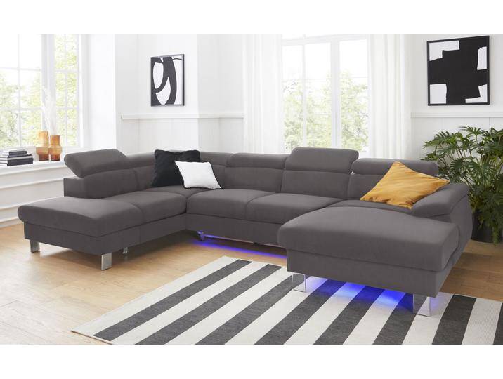 Wohnlandschaft COTTA Komaris U-Form mit Kopfteilverstellung , grau (elephant), B:320cm, Microfaser PRIMABELLE (100% Polyester), Kunstleder SOFTLUX, Feinstruktur (100% Polyester), Kunstleder SOFTLUX/Struktur (100% Polyester), NaturLEDER, Sofas, wahlweise mit Bettfunktion, Bettkasten & Beleuchtung von Cotta