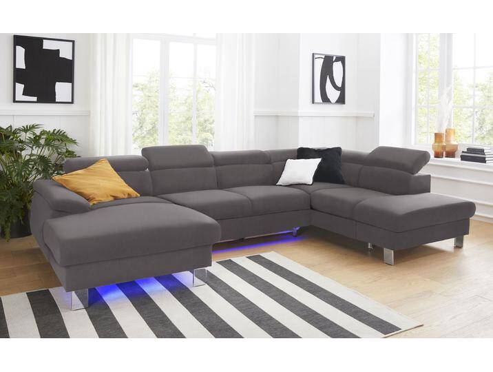 Wohnlandschaft COTTA Komaris U-Form mit Kopfteilverstellung , grau (elephant), B:320cm, Microfaser PRIMABELLE (100% Polyester), Kunstleder SOFTLUX, Feinstruktur (100% Polyester), Kunstleder SOFTLUX/Struktur (100% Polyester), NaturLEDER, Sofas, wahlweise mit Bettfunktion, Bettkasten & Beleuchtung von Cotta