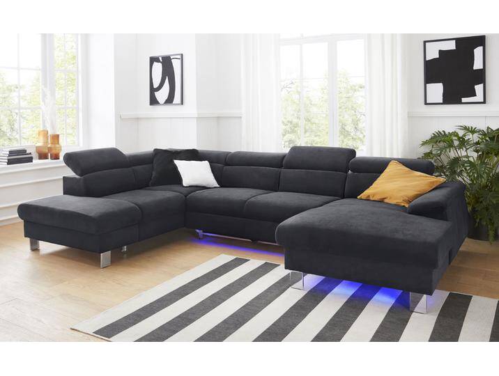 Wohnlandschaft COTTA Komaris U-Form mit Kopfteilverstellung , grau (lava), B:320cm, Microfaser PRIMABELLE (100% Polyester), Kunstleder SOFTLUX, Feinstruktur (100% Polyester), Kunstleder SOFTLUX/Struktur (100% Polyester), NaturLEDER, Sofas, wahlweise mit Bettfunktion, Bettkasten & Beleuchtung von Cotta