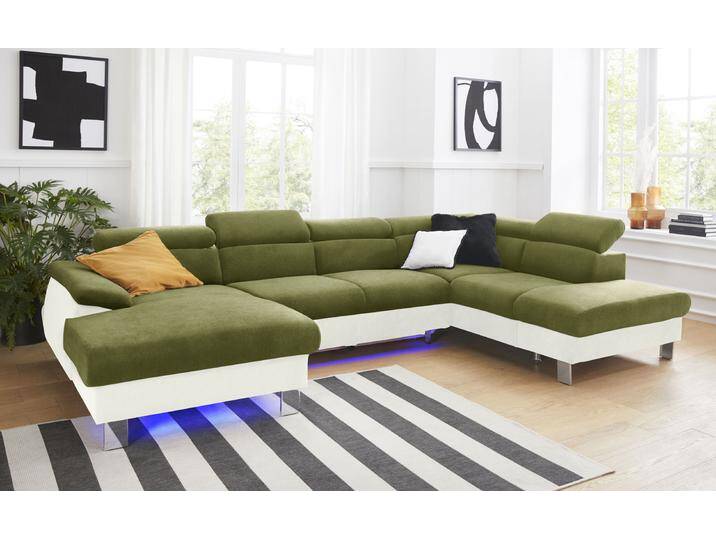 Wohnlandschaft COTTA Komaris U-Form mit Kopfteilverstellung , grün (creme, grün), B:320cm, Microfaser PRIMABELLE (100% Polyester), Kunstleder SOFTLUX, Feinstruktur (100% Polyester), Kunstleder SOFTLUX/Struktur (100% Polyester), NaturLEDER, Sofas, wahlweise mit Bettfunktion, Bettkasten & Beleuchtung von Cotta