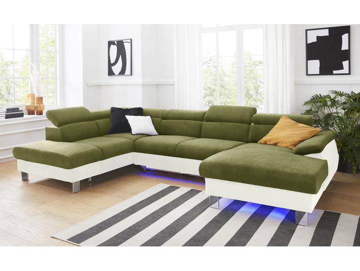 Wohnlandschaft COTTA Komaris U-Form mit Kopfteilverstellung , grün (creme, grün), B:320cm, Microfaser PRIMABELLE (100% Polyester), Kunstleder SOFTLUX, Feinstruktur (100% Polyester), Kunstleder SOFTLUX/Struktur (100% Polyester), NaturLEDER, Sofas, wahlweise mit Bettfunktion, Bettkasten & Beleuchtung von Cotta