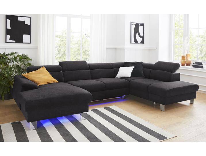 Wohnlandschaft COTTA Komaris U-Form mit Kopfteilverstellung , schwarz, B:320cm, Microfaser PRIMABELLE (100% Polyester), Kunstleder SOFTLUX, Feinstruktur (100% Polyester), Kunstleder SOFTLUX/Struktur (100% Polyester), NaturLEDER, Sofas, wahlweise mit Bettfunktion, Bettkasten & Beleuchtung von Cotta