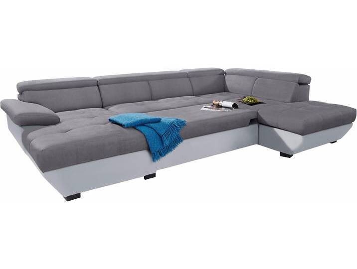 Wohnlandschaft COTTA Speedway U-Form , grau (hellgrau, dunkelgrau), B:332cm H:79cm T:102cm, Kunstleder SOFTLUX / Luxus-Microfaser (100% Polyester), Flachgewebe (100% Polyester) / Struktur fein ( 100% Polyester), Kunstleder SOFTLUX / Struktur (100% Polyester), Sofas, mit Kopfteilverstellung, wahlweise mit Bettfunktion & Bettkasten von Cotta