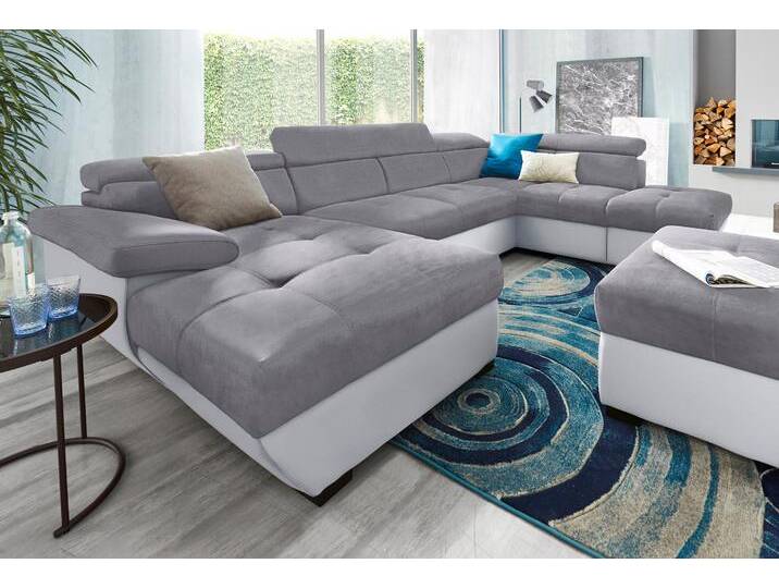 Wohnlandschaft COTTA Speedway U-Form , grau (hellgrau, dunkelgrau), B:332cm H:79cm T:102cm, Kunstleder SOFTLUX / Luxus-Microfaser (100% Polyester), Flachgewebe (100% Polyester) / Struktur fein ( 100% Polyester), Kunstleder SOFTLUX / Struktur (100% Polyester), Sofas, mit Kopfteilverstellung, wahlweise mit Bettfunktion & Bettkasten von Cotta