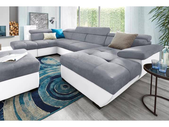 Wohnlandschaft COTTA Speedway U-Form , grau (weiß, grau), B:332cm H:79cm T:102cm, Kunstleder SOFTLUX / Luxus-Microfaser (100% Polyester);Flachgewebe (100% Polyester) / Struktur fein ( 100% Polyester);Kunstleder SOFTLUX / Struktur (100% Polyester), Sofas, mit Kopfteilverstellung, wahlweise mit Bettfunktion & Bettkasten von Cotta