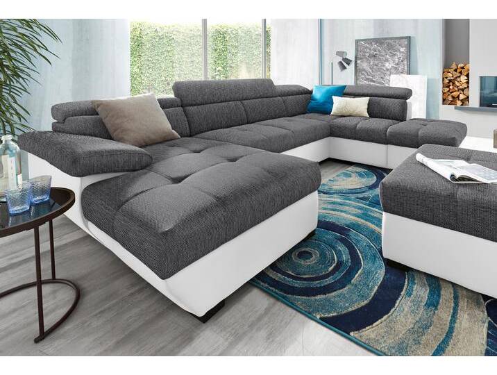Wohnlandschaft COTTA Speedway U-Form , grau (weiß, grau), B:332cm H:79cm T:102cm, Kunstleder SOFTLUX / Luxus-Microfaser (100% Polyester), Flachgewebe (100% Polyester) / Struktur fein ( 100% Polyester), Kunstleder SOFTLUX / Struktur (100% Polyester), Sofas, mit Kopfteilverstellung, wahlweise mit Bettfunktion & Bettkasten von Cotta