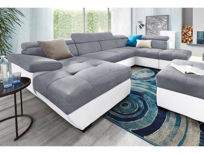 Wohnlandschaft COTTA Speedway U-Form , grau (weiß, grau), B:332cm H:79cm T:102cm, Kunstleder SOFTLUX / Luxus-Microfaser (100% Polyester), Flachgewebe (100% Polyester) / Struktur fein ( 100% Polyester), Kunstleder SOFTLUX / Struktur (100% Polyester), Sofas, mit Kopfteilverstellung, wahlweise mit Bettfunktion & Bettkasten von Cotta