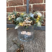 Windlicht ~ Bonbonglas Groß - Mit Winterkranz Und Lichterkette von Cottagegarden24