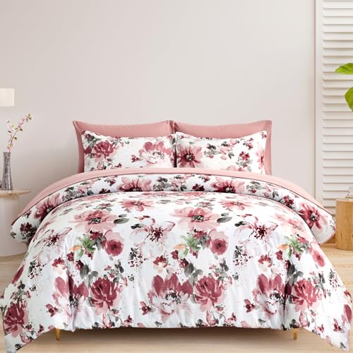 Bettwäsche-Set mit Blumenmuster, King-Size-Größe, rosa Blume, 7-teilig, Bett in einer Tasche, weiche Mikrofaser, komplettes Bettwäsche-Set für alle Jahreszeiten von Cottolester