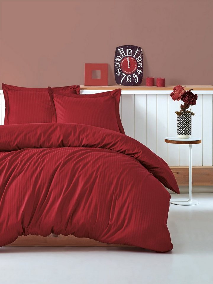 Bettwäsche Set Eleganter Streifsatin Rot Bettbezug-Kopfkissenbezug-Set, Cotton Box, 100% Baumwolle, 3 teilig, Premium-Bettwäsche aus weichem und atmungsaktivem Baumwollsatin von Cotton Box