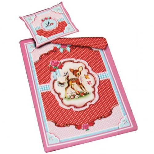 Cotton Candy Bedding Bettwäsche 155x220 Baumwolle Vogel REH Bambi Mädchen rot pink von Cotton Candy