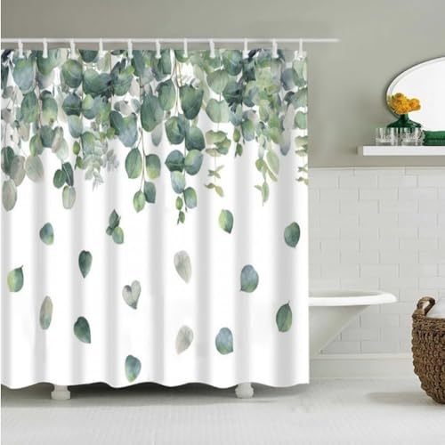 Cotton Market Duschvorhang 180x200 cm - Wasserdichter und Waschbar Vorhang - Polyester Badewanne Vorhang mit 12 Duschvorhängeringen - 3D Effect - Weiß mit Eukalyptusblätter von Cotton Market