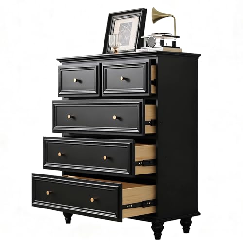 Coubird Kommode Mit 5 Schubladen Weiß modern Sideboard Komodenschrank Für Wohnzimmer Schlafzimmer Kommode Mit Großer Schubladenschrank Flur Möbel Arbeitszimmer (Schwarz, 100cm) von Coubird