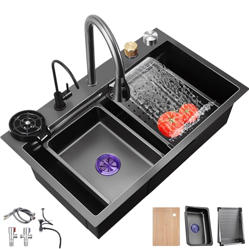 Coubird Spülbecken küche Wasserfall-Spüle, Praktische Spüle Einbauspüle 1 becken, Spüle schwarz edelstahl mit armatur Geeignet für Bars, Balkone, Küchen (schwarz, 80x45cm) von Coubird