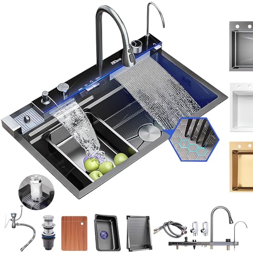 Coubird Küchenspüle Schwarz T304 Edelstahlspüle, Moderne Luxus Multifunktions Wasserfall-Spüle, Über-/Unterbauspüle Einzelbecken mit Abfluss-Set (Dunkelgrau, 68X45CM) von Coubird